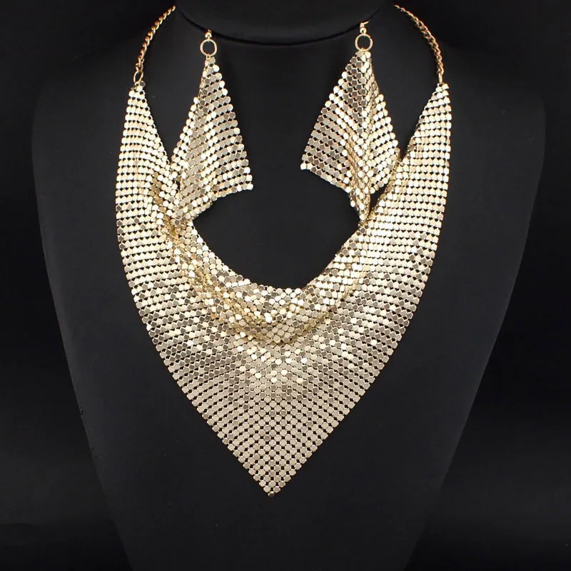 Indian Chic Style Shining Metal Slice Bib Choker Statement Necklaces Matching Earring Party / Wedding Fashion Jewelry Sets #3056