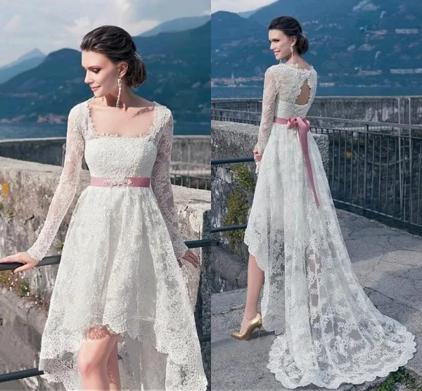 High Low Wedding Dresses Sash in Pink Square Neck Illusion Long Sleeves Lace Casual Bridal Gowns Flowing Keyhole Lace up Back Cheap