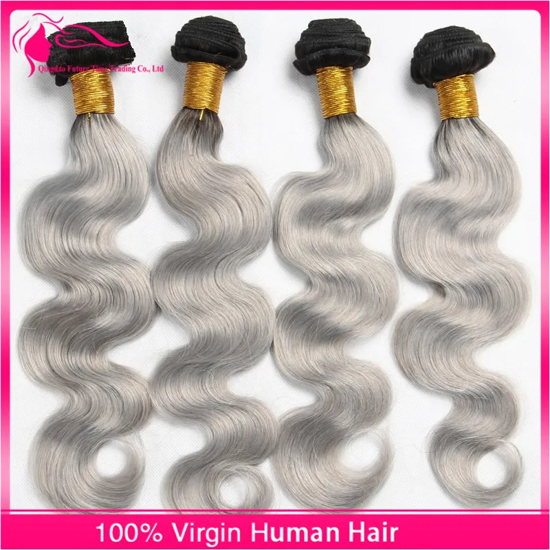 Bundle peruviano grigio vergine capelli umani grigi 4 pezzi lotto # 1 / grigio ombre estensioni dei capelli dell'onda del corpo 2 tono ombre capelli tesse