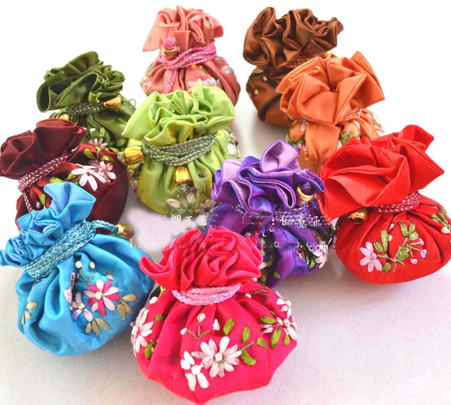 Lots5pcs Charming Chinese Hademade Embroidered Silk Jewelry Rolls Pouch Gift Bag