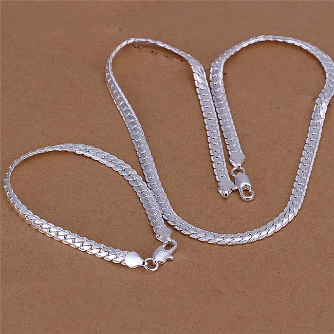 S085 Fabrika Fiyat 925 Gümüş 5 MM yılan zincir kolye (20 inç) Bilezikler (8 inç) Moda Takı Erkekler için Set Ücretsiz kargo