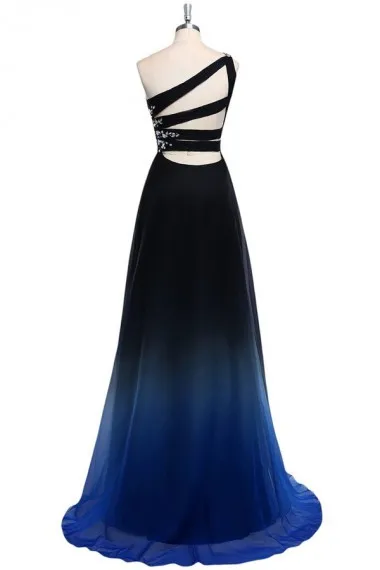 2022 Ombre Gradiant Color Vestidos de noche Un hombro Empire Cintura Gasa Negro Royal Blue Designer Long Cheap Prom Formal Pageant Dress