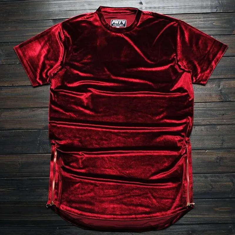 Yeni Erkek Hip Hop Longline T Shirt Moda Hi-Sokak Erkekler Extended Gömlek Kadife Altın Yan Fermuar Kadife Kavisli Hem Tee