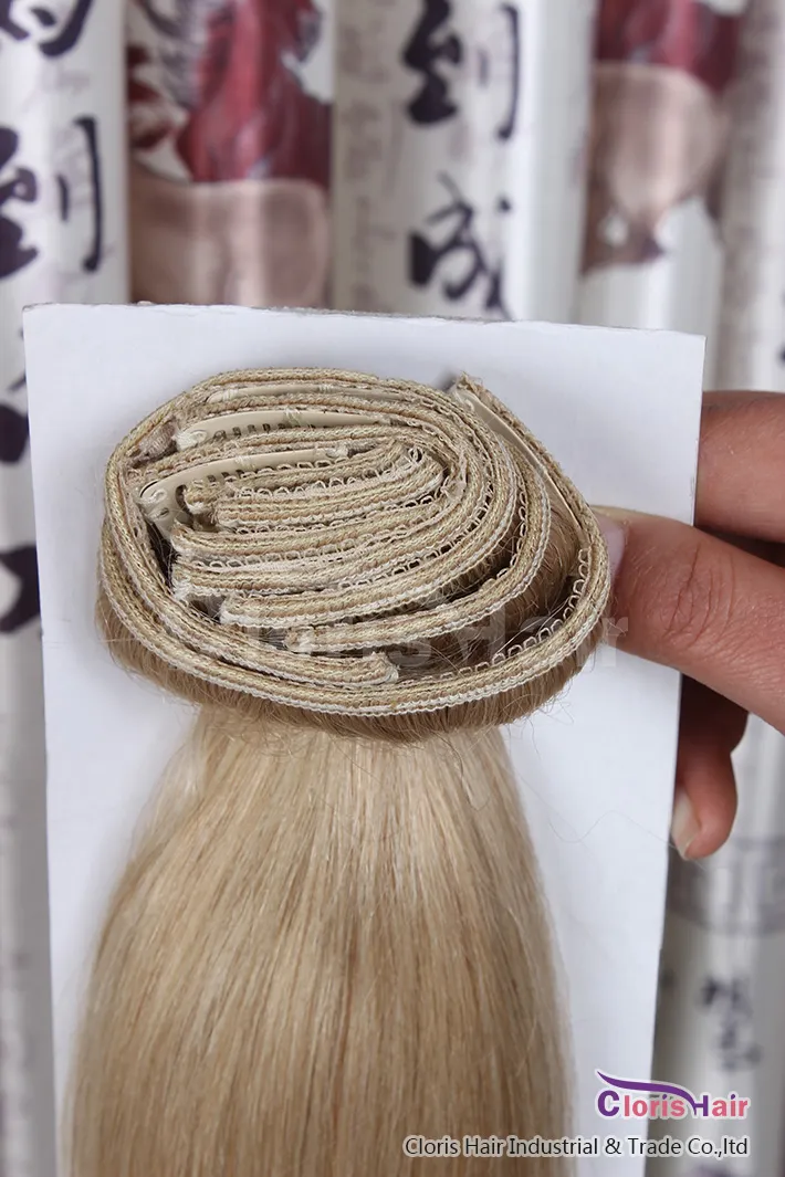 Clip spessa più venduto nelle estensioni dei capelli umani Full Head 70G 100G 120G Clip di remia europea naturale sull'estensione #613 Bionda candeggina