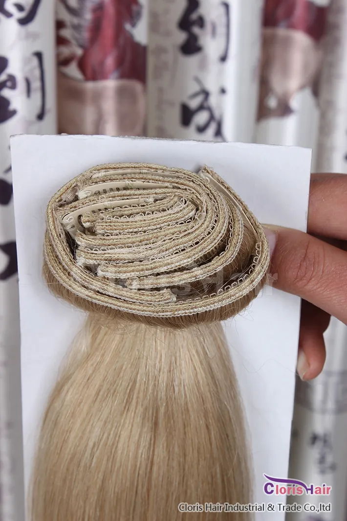 Säljer tjockt klipp i mänskliga hårförlängningar Fullhuvud 70G 100G 120G Natural European Remy Clips on Extension 613 Bleach Blond8299695