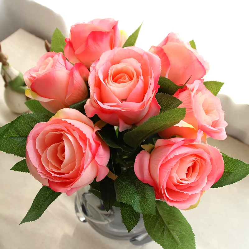 Bride bouquet silk flowers wholesale Artificial Rose Flowers For Wedding/home decoration hand flower silk rose short pole rose