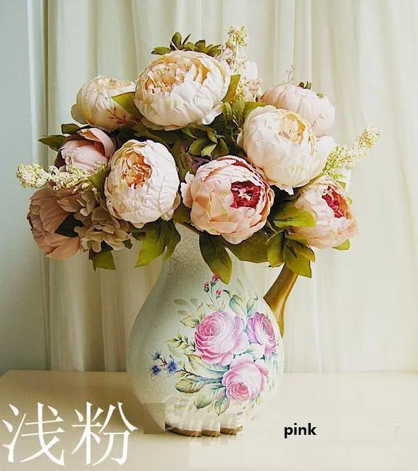 Sztuczna Peonia Bunch 48cm / 18,8 cal Silk Flowers Symulacja Europejskiej Piwonia Kwiat Z Hortensja Kwiat Dla Wedding Centerpieces Decor Sp0