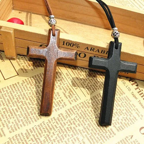 Xmas gifts wooden cross pendant necklace vintage Tibetan silver beads leather cord sweater chain men women jewelry handmade stylish 