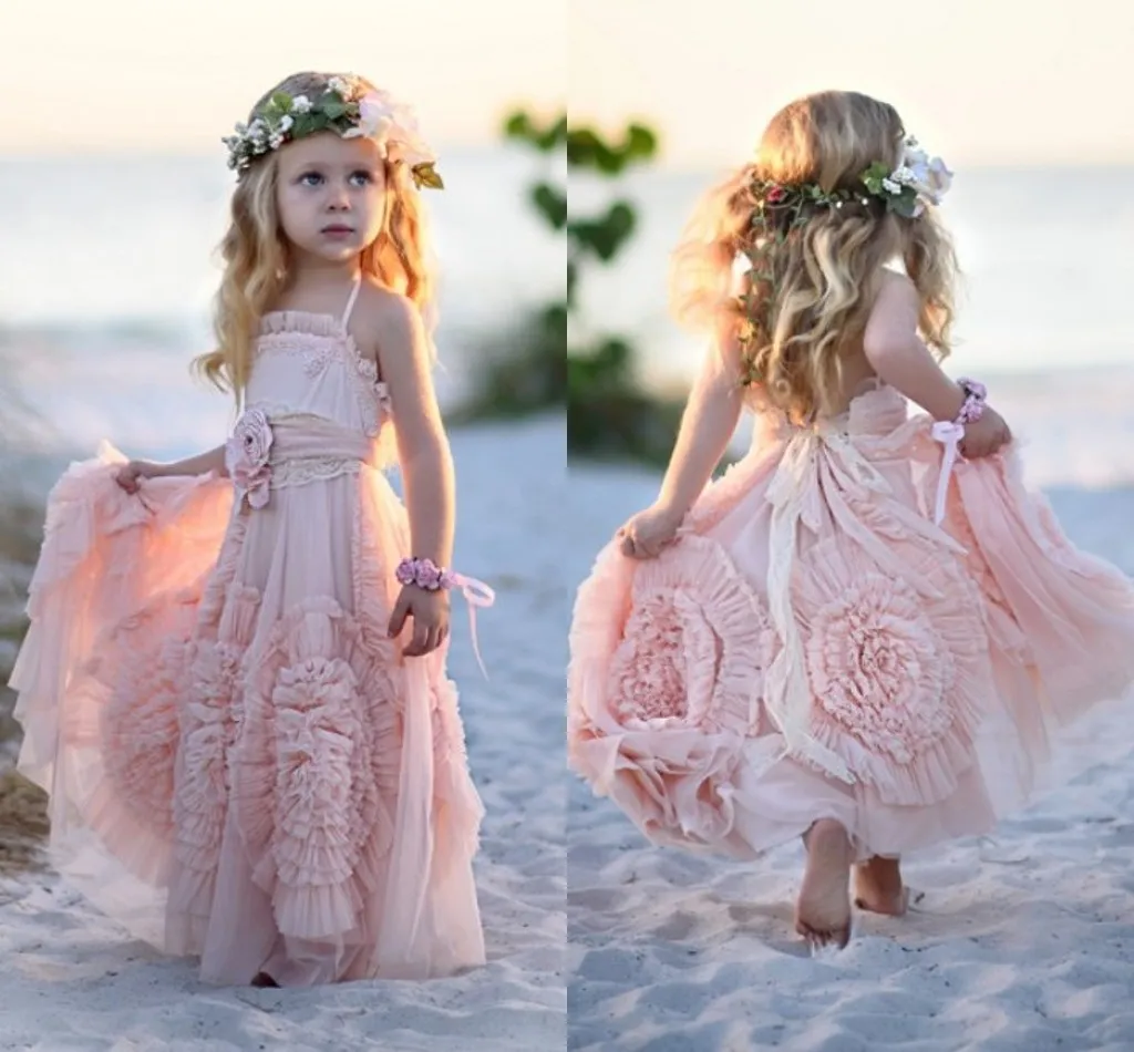 Pink Flower Girls' Dresses For Wedding Lace Appliques Ruffles Kids Formal Wear Sleeveless Long Beach Girls' Pageant Gowns