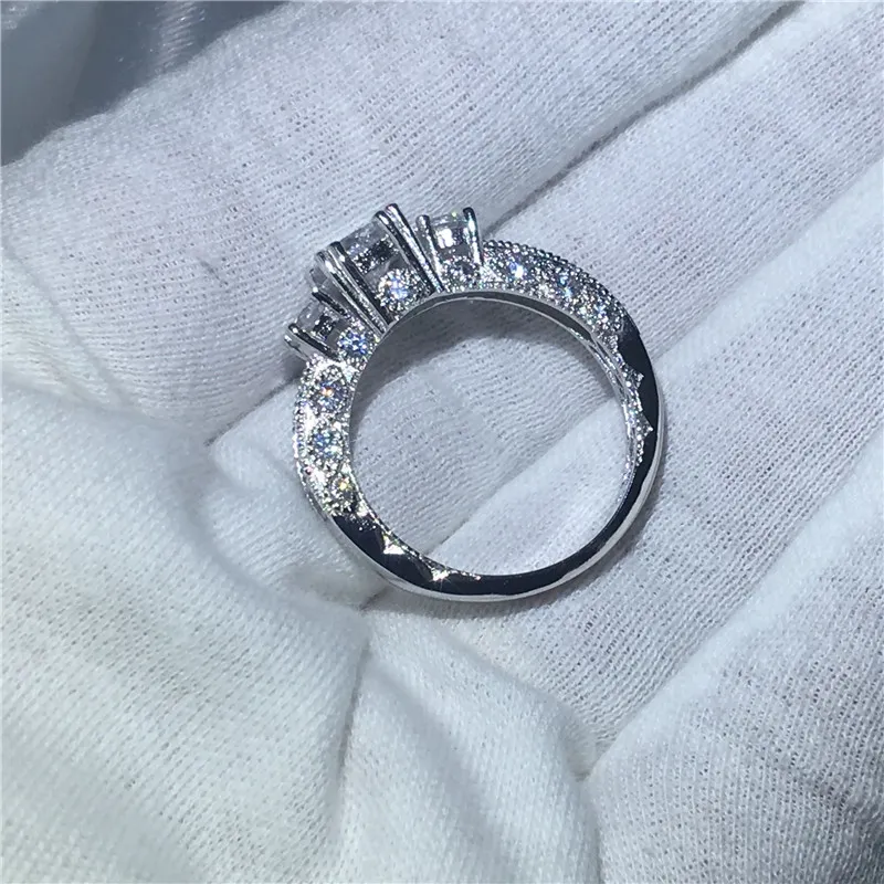 Vintage Jewelry Three-stone 5A zircon stone Engagement wedding band rings for women men White Gold Filled Female Bijoux