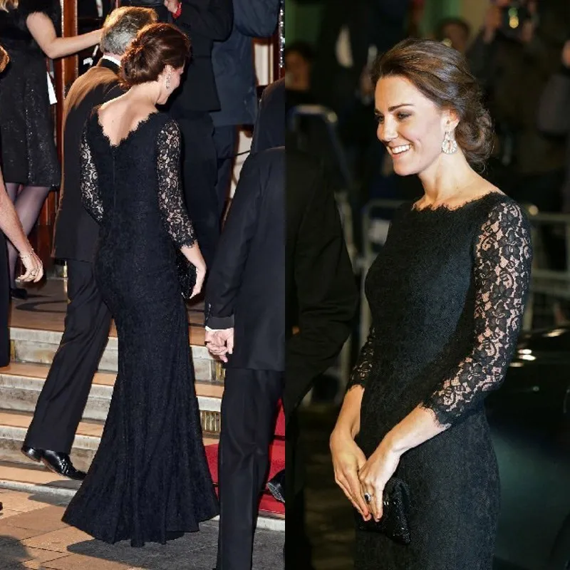 Modeste Vintage dentelle noire longues robes de bal formelles Kate Middleton robes de soirée sur mesure col bateau manches illusion pas cher de haute qualité