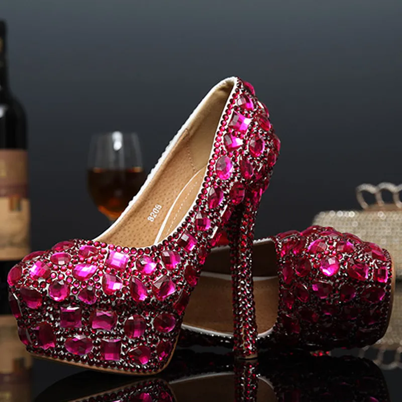 Round Toe Rhinestone Platform High-Heeled Fuchsia and Green Wedding Shoes Crystal Lady Shoes Luxury Evening Party Shoes