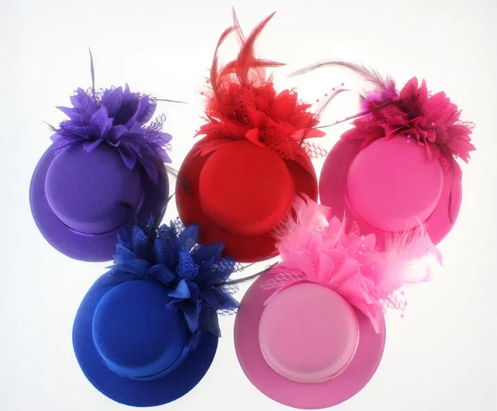 Veer hoed bruiloft lint gaas kanten veer bloem mini top hoeden fascinator party haarclips caps Homburg Millinery bruids accessoires