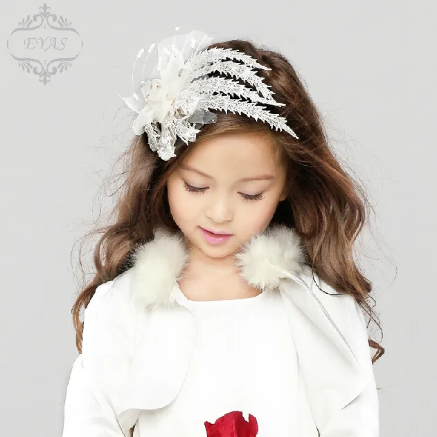 White Flower Girl Headpieces With Feathers Hand Made Flowers Beaded Shiny Head Wear Accessories