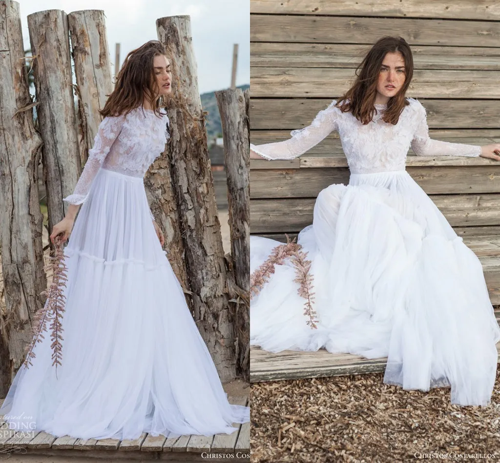 Pure White 2016 Lace Wedding Dresses christos costarellos Three Quarters Sleeve See Through Top Bohemia Beach Wedding Dress A Line Tulle