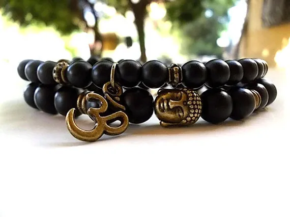 SNof 2 Buddha bracelets Yoga and Meditation bracelet Men Matte Agate bracelets Black Onyx Bracelet