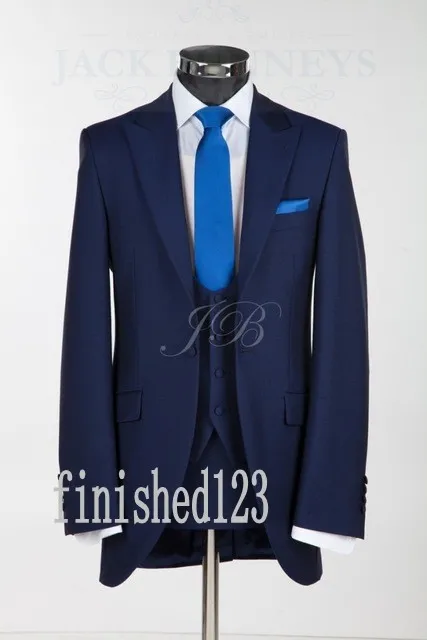 Nyanlända One Button Navy Blue Groom Tuxedos Peak Lapel Groomsmen Bästa Man Bröllop Prom Middagsdukar (Jacka + Byxor + Vest + Tie) G5105