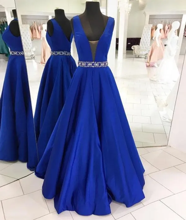 Stunning Aline Blue Evening Dress Sexy Deep V Neck Open Back Zipper up Custom Made Prom Gowns Formal Dresses Crystals Beaded Wais6873728