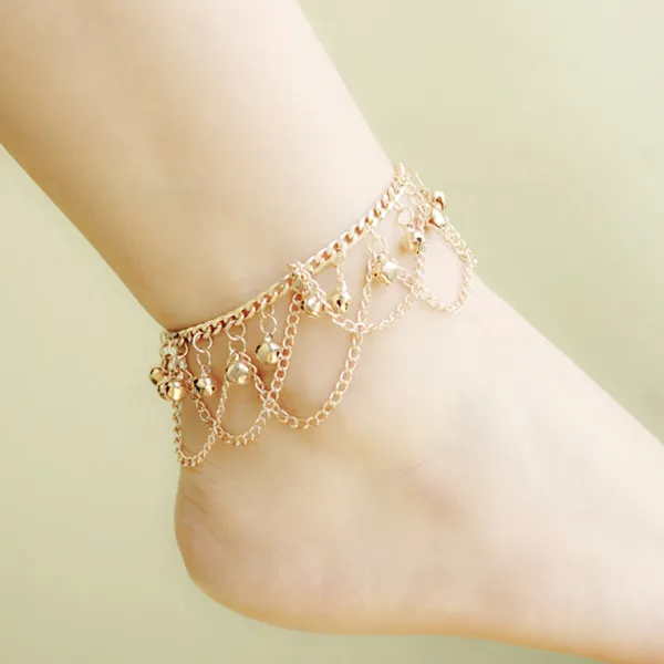 Fashion Women Hot Multi Chain Bells Tassel Anklet Ankle Bracelet Foot Jewelry Barefoot Beach Anklets Wholesale 12 Pcs