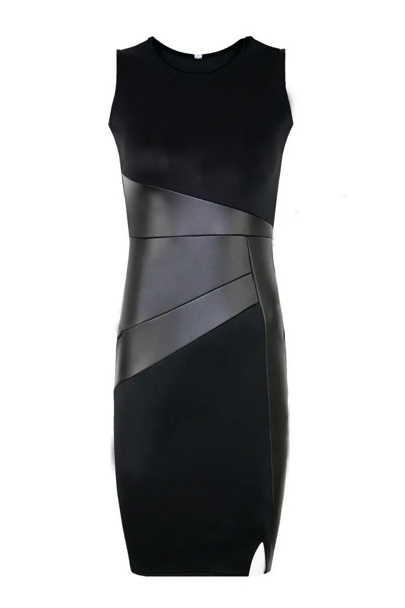 2015 Women Casual Slim Bodycon Dress Patchwork Leather Pencil OL ...