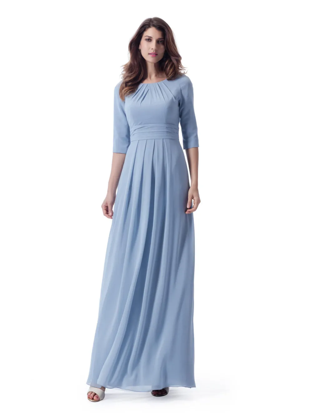 Pastal Blue Long Modest Bridesmaid Dresses With 34 Sleeves Ruched Chiffon Ankle Length Formal Wedding Party Dresses LDS Maids Of Honor Dress