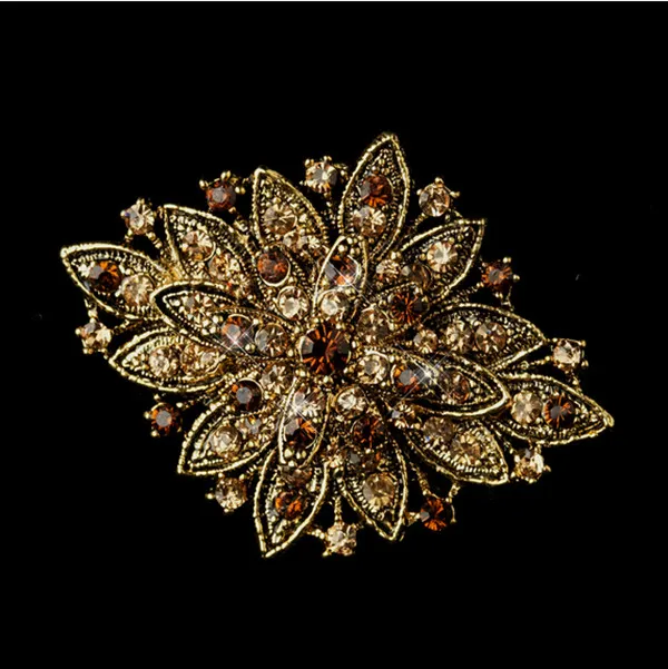 Vintage Look Antique Gold Plated Topaz Rhinestone Crystal Diamante Flower Bridal Brooch Pin Party Prom Gifts