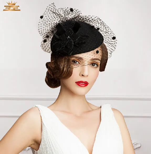 Vintage Nouveau style noir couleur tullefeather mariage chapeaux nuptiles coureurs de soirée dans la mode9370645