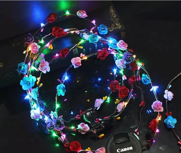 وميض LED LED FLOW FLOWER CROWN BASTING Party Rave Floral Hair Gallland Wreath Wedding Flower Girl Decorepiece Decor