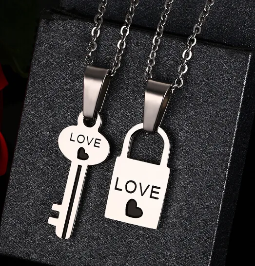 Newest Fashion Romantic One Pair Couple Lover's Gifts Lock and Key Pendant Necklace Stainless steel together Love Heart Logo Hot