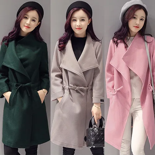 Womens Winter Long Wool Coat Drape Front Long Sleeve Wrap Coats Slim ...