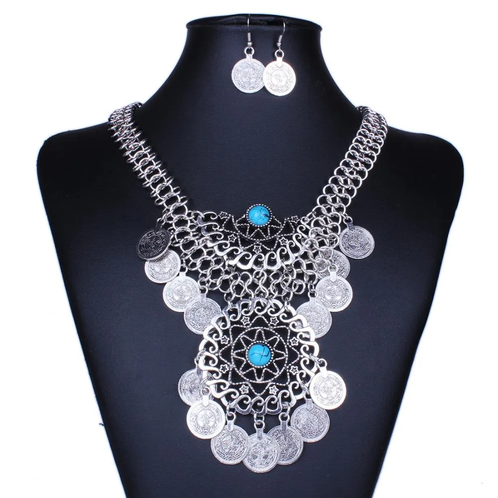 Gypsy Beads Coin Fringe Tassel Hollow Round Bib Statement Necklace Earrings Set Gypsy Antalya Silver Festival Turkish