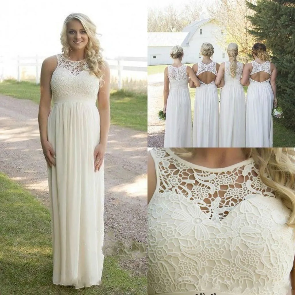 Najlepsza beżowa długość podłogi Szyfonowa Boho Kraj Druhna Dresses Sheer Neck Różne Styl Backless Prom Dresses Tanie Maid of Honor Evening