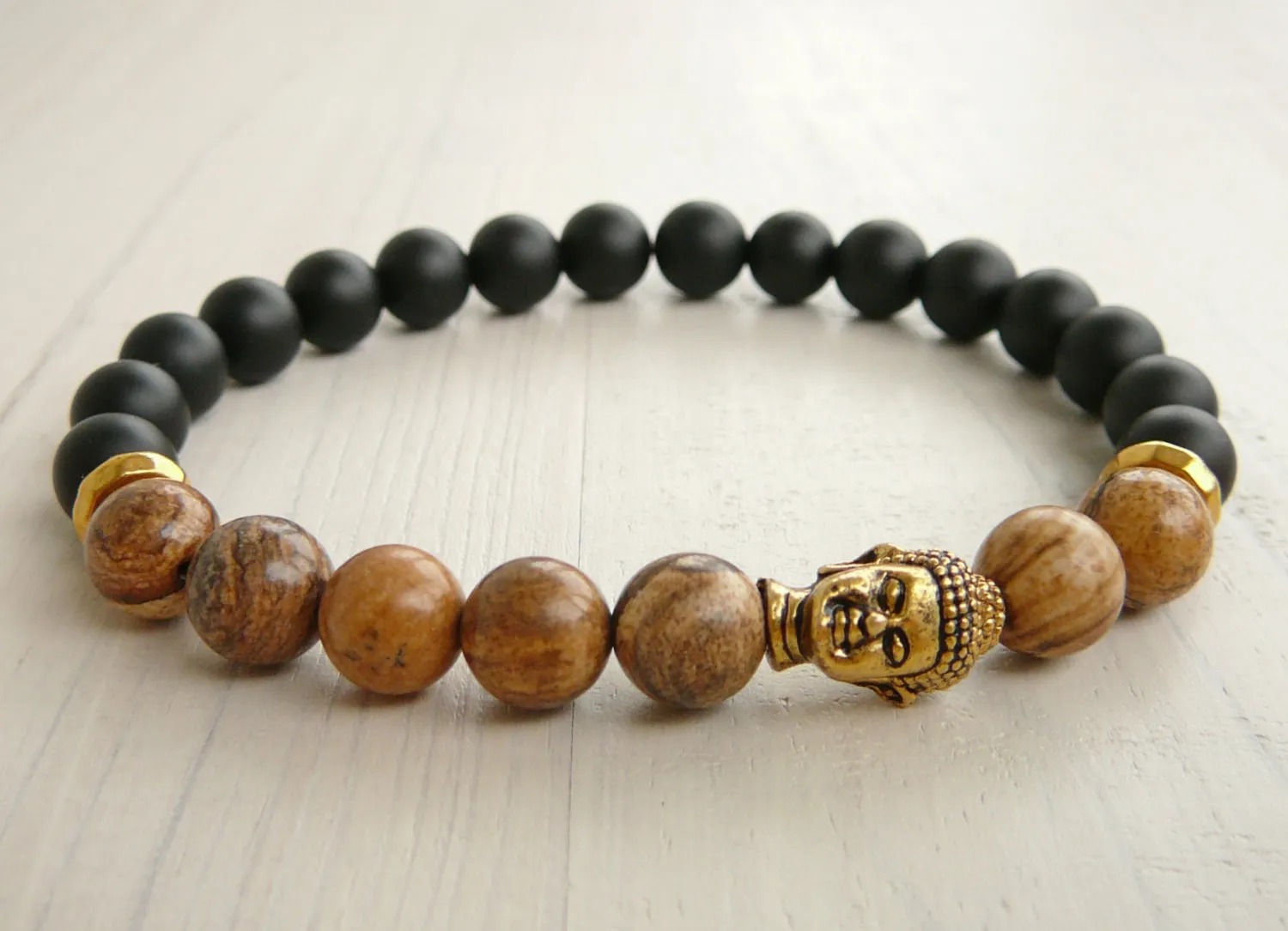 SN0243 Lucky Gold Buddha Armband Yoga Jasper Black Onyx Armband Mens Black Armband Stretch Armband voor Mannen