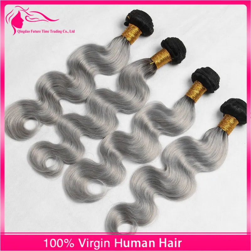 Bundle peruviano grigio vergine capelli umani grigi 4 pezzi lotto # 1 / grigio ombre estensioni dei capelli dell'onda del corpo 2 tono ombre capelli tesse