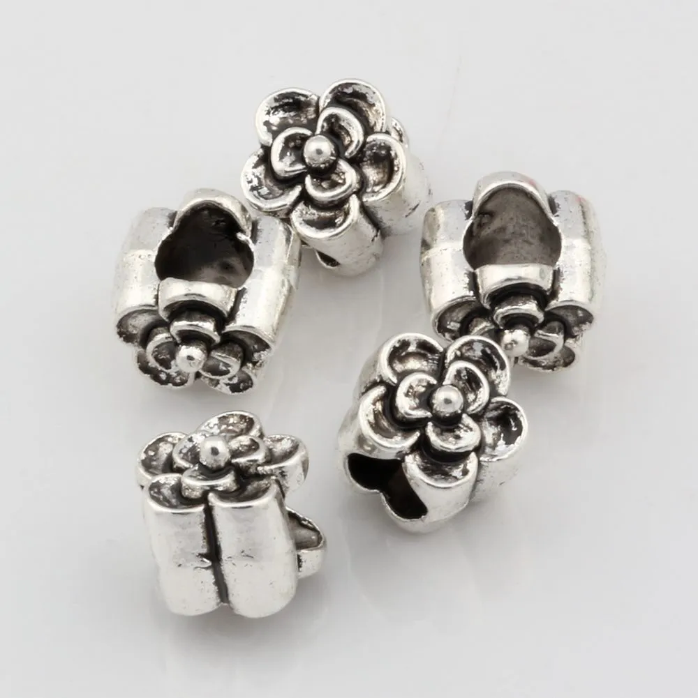 100 Stück Antik-Silber-Legierung, Blume, großes Loch, Distanzperle für Schmuckherstellung, Armband, Halskette, DIY-Zubehör, 9 x 9 x 9,5 mm