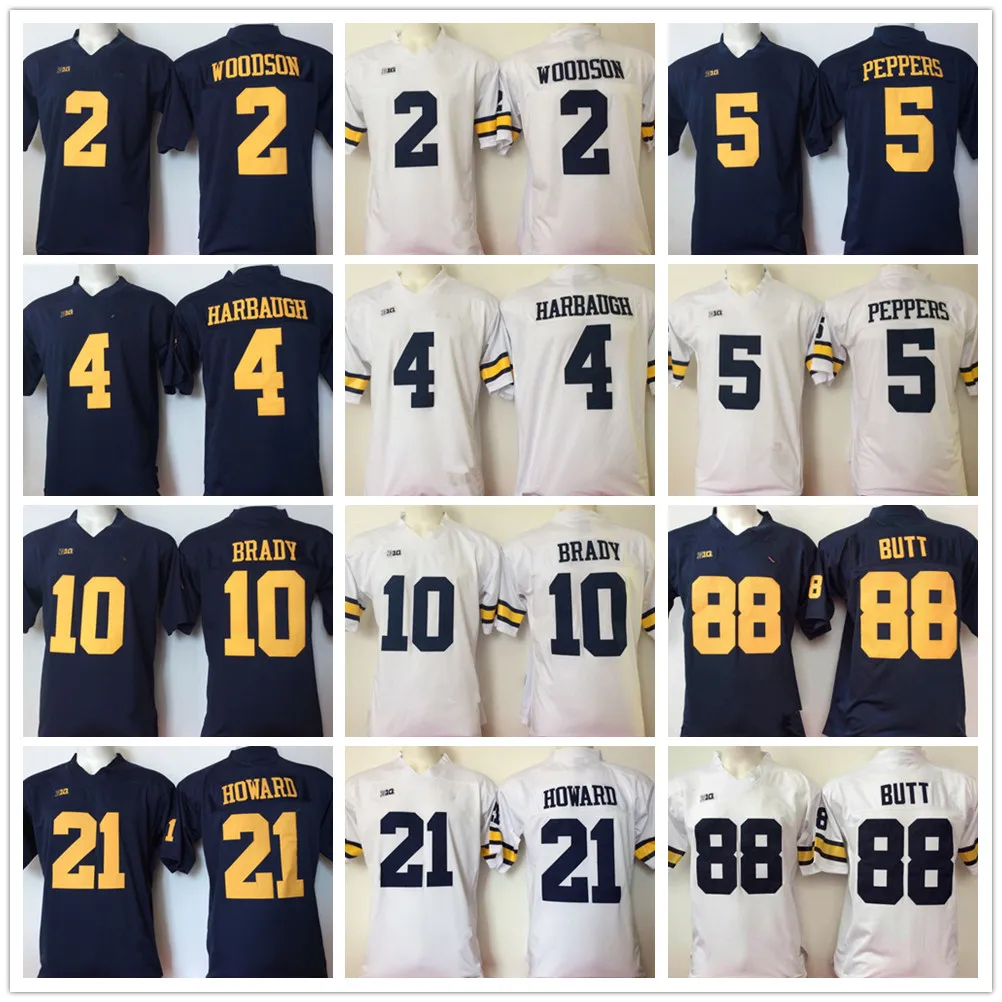 울버린 미시간 풋볼 제한 유니폼 대학 저지 4 Jim Harbaugh 2 Woodson 5 Peppers 10 Brady 21 Howard 88 Butt White Navy Blue ST