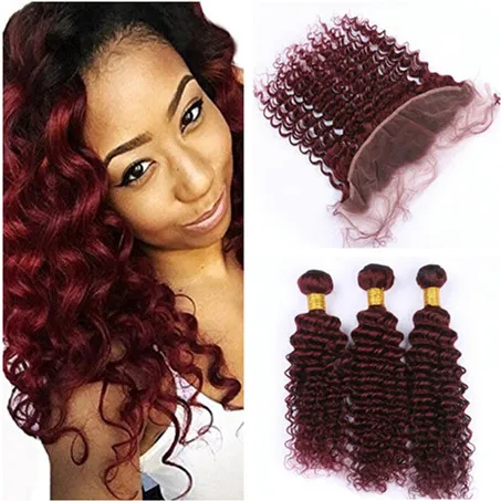 Vinho onda profunda vermelhos Virgens 3Bundles cabelo humano com Lace frontal Encerramento 4pcs Lot # 99J Burgundy 13x4 completa Lace frontal com Weaves