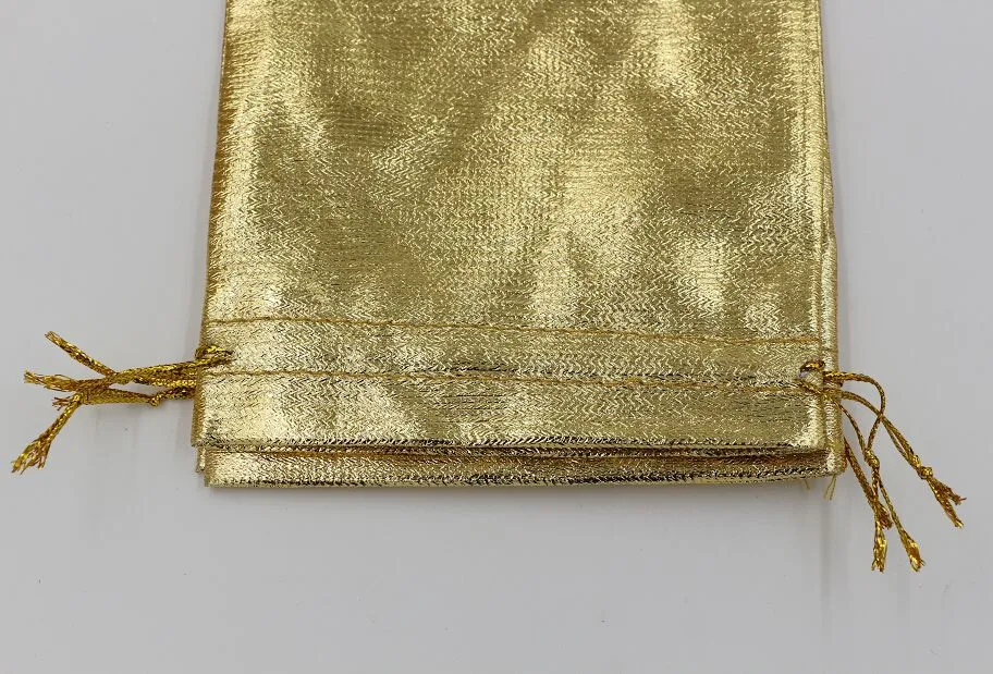 100st Gold Foil Organza Wedding Favor Presentväska Pouch Jewelry Package 11x16cm / 13x18cm