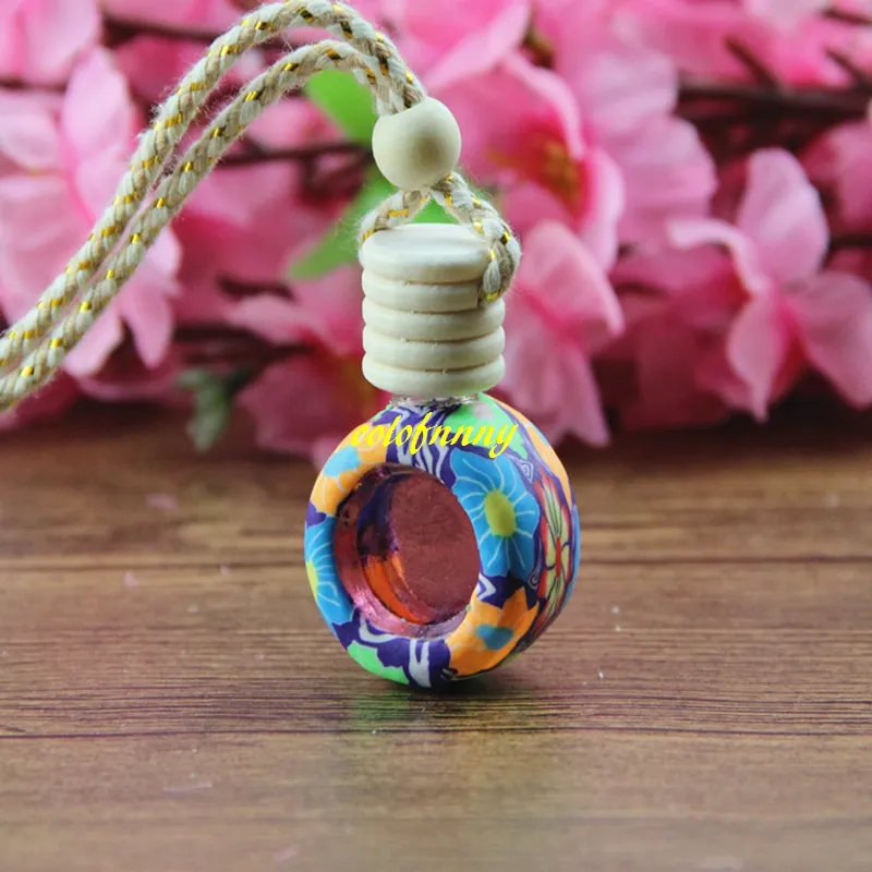 Fast shipping 6ML~8Ml Car essential oil bottle pendant glass+polymer clay reuse Empty perfume bottle