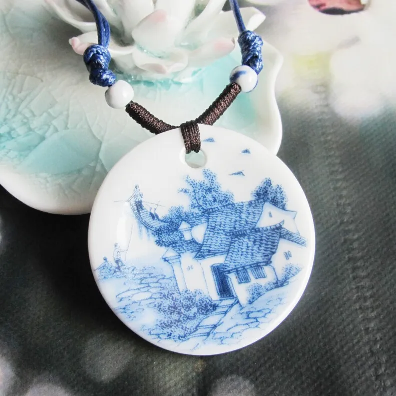 Fashion Jewelry White And Blue Porcelain Ceramic Necklace For Women Floral Chinese Art Handmade Ethnic Necklace Jade Necklace China gifts