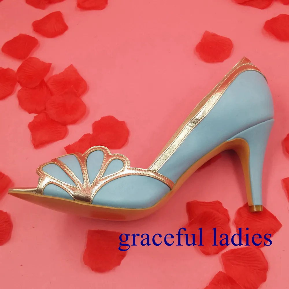 Real Blue Wedding Shoes 2016 Vintage Bridal Isabella Scalloped Heel Kitten PU Peep Toe Custom Made Sandals Pumps Sexy Elegant Prom Shoes