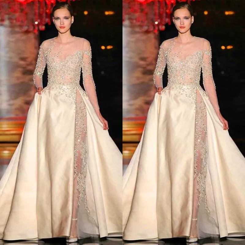 2015 Elie Saab Dresses Sheer Beaded Puffy A-line Sweep Train Satin Long Formal Dresses with Appliques Long Sleeves Celebrity Dresses Gowns
