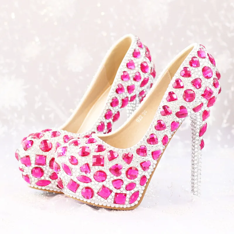 Zapatos de boda de cristal rosa para mujer, zapatos de tacón alto para evento de modelado, zapatos de vestir de novia con diamantes de imitación de lujo, zapatos de plataforma para fiesta y graduación