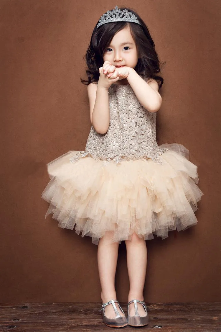 Girl Tutu Dress Girls Lace Princess Dresses Baby Kids Clothes Floral Hollow Sleeveless Dress Summer Korean Style Vest Dressy Champagne