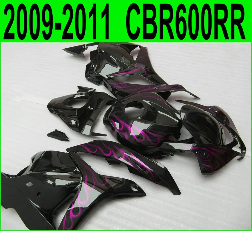 Injectie Molding Fairing Kit voor Honda CBR600RR 2009 2010 2011 Paars Vlammen in Black Aftermarket CBR 600RR 09 10 11 Valerijen Set YR35