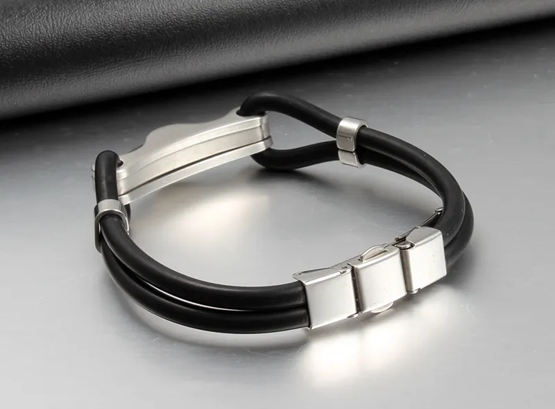 À la mode de haute qualité nouveau design unisexe XMAS meilleur cadeau bracelet en silicone noir avec bracelet à maillons en argent en acier inoxydable 8,5 '' livraison gratuite