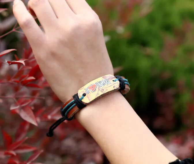 100% genuine leather bracelet love Peace sign Butterfly skull pattern Hemp rope adjustable bracelet 