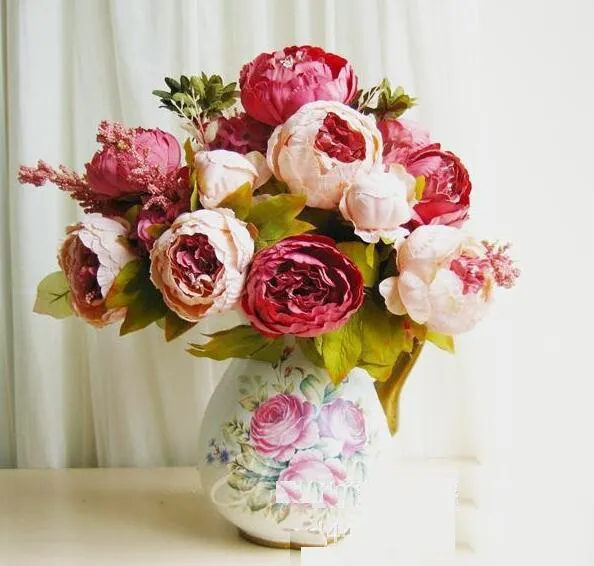 Artificielle Bouquet pivoine 48cm / 18,8 pouces fleurs en soie Simulation européenne Pivoine Fleur avec Hydrangea Fleur de mariage Décor SP0 Centerpieces
