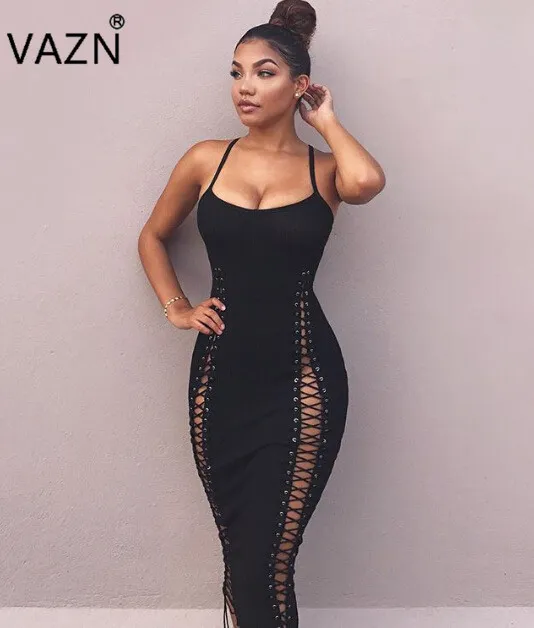 VAZN Kobiety 2018 Hot Fashion Bandain Sukienka Sexy Ramiączek Klub Sukienka Czarna Midi Letnia Dress S3240 Q1118