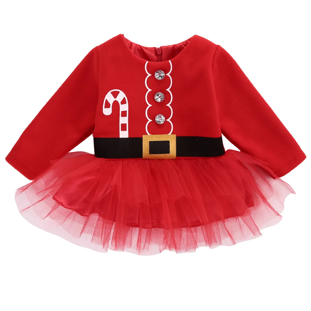 Ubrania Boże Narodzenie Dziewczynka Noworodek Z Długim Rękawem Czerwona Sukienka Xmas Santa Claus Tulle Sukienki Dzieci Stroje Kostium Hot Princess Party Dress Tops